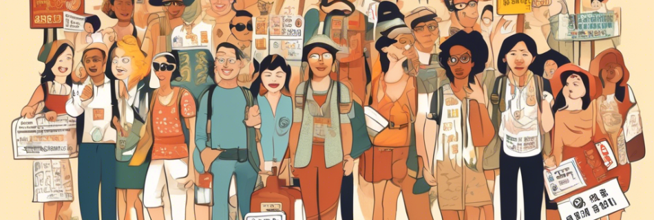 Create an illustration that depicts a diverse group of travelers with puzzled expressions as they encounter various obscure laws from around the world. Show humorous, exaggerated signs representing th