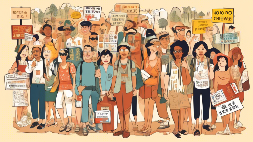 Create an illustration that depicts a diverse group of travelers with puzzled expressions as they encounter various obscure laws from around the world. Show humorous, exaggerated signs representing th