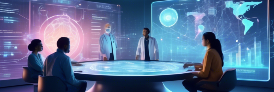 A futuristic scene showing a high-tech conversation lab with holographic interfaces and scientists observing. In the center, a sophisticated AI avatar, rep