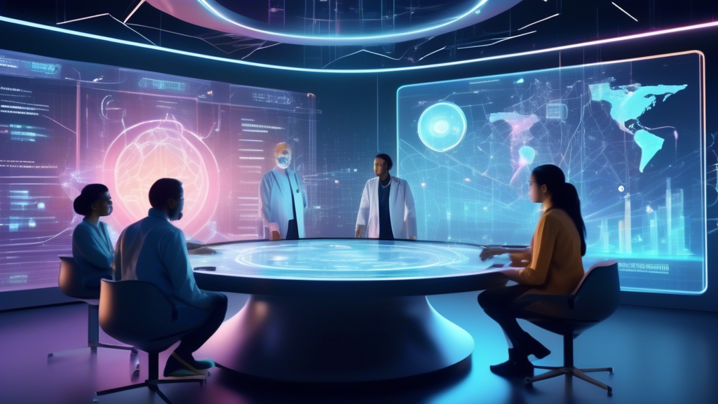 A futuristic scene showing a high-tech conversation lab with holographic interfaces and scientists observing. In the center, a sophisticated AI avatar, rep