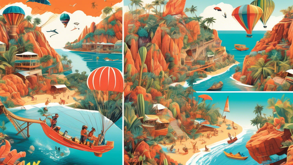 A vibrant, collage-style illustration showcasing ten unique and exciting adventures, including skydiving, scuba diving in coral reefs, hiking up a snowy mo