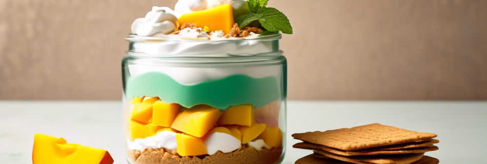 A colorful, layered dessert in a glass jar showcasing fresh mango slices, light whipped cream, and whole grain graham crackers, with a sprig of mint on top.