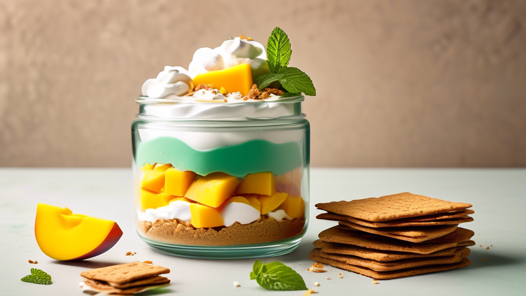 A colorful, layered dessert in a glass jar showcasing fresh mango slices, light whipped cream, and whole grain graham crackers, with a sprig of mint on top.