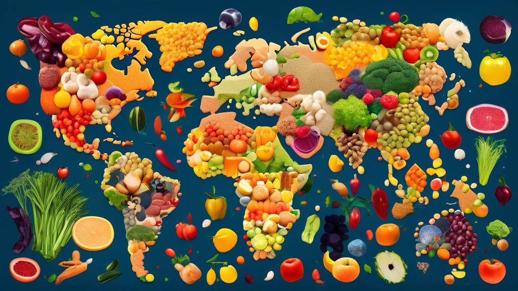 DALL-E prompt: A colorful world map made of diverse, sustainable foods like fruits, vegetables, grains, and legumes, with small icons representing different cultures and ecosystems scattered across t