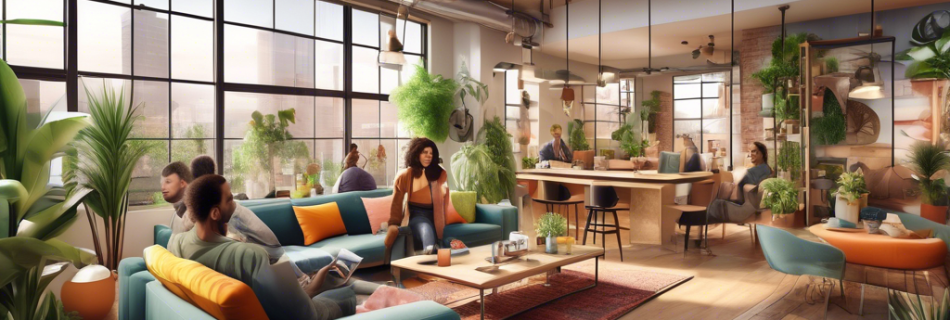 Create an image depicting a modern co-living space with vibrant communal areas, shared workspaces filled with laptops, and diverse digital nomads engaging in collaboration and social activities. The a