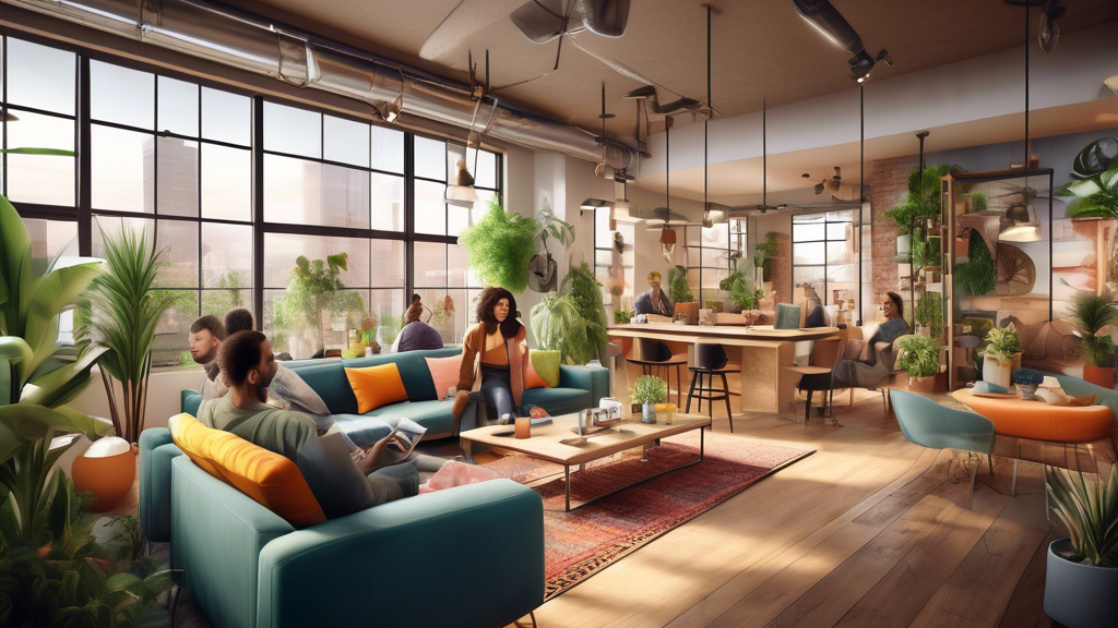 Create an image depicting a modern co-living space with vibrant communal areas, shared workspaces filled with laptops, and diverse digital nomads engaging in collaboration and social activities. The a