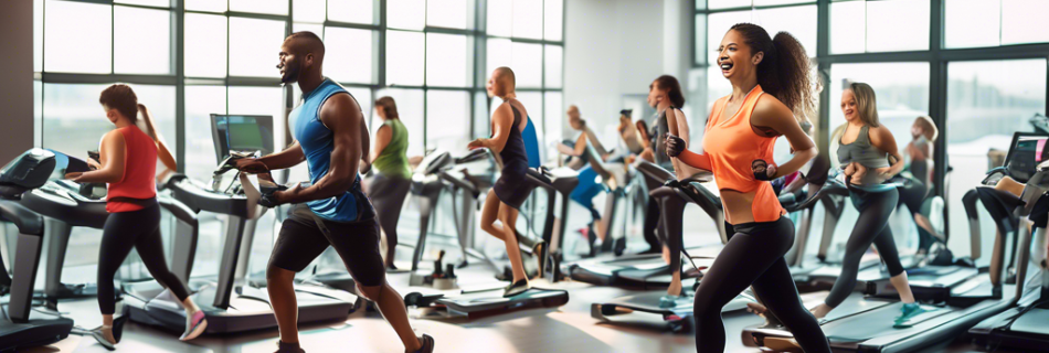 A vibrant and energetic fitness scene in a modern gym, showcasing diverse individuals actively engaged in various cardio workouts such as running on treadm