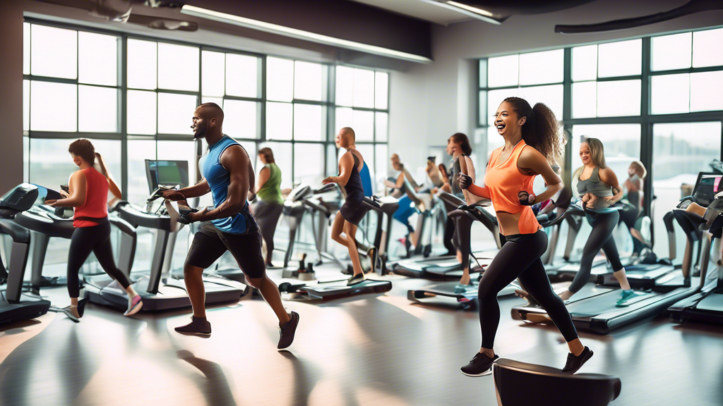 A vibrant and energetic fitness scene in a modern gym, showcasing diverse individuals actively engaged in various cardio workouts such as running on treadm