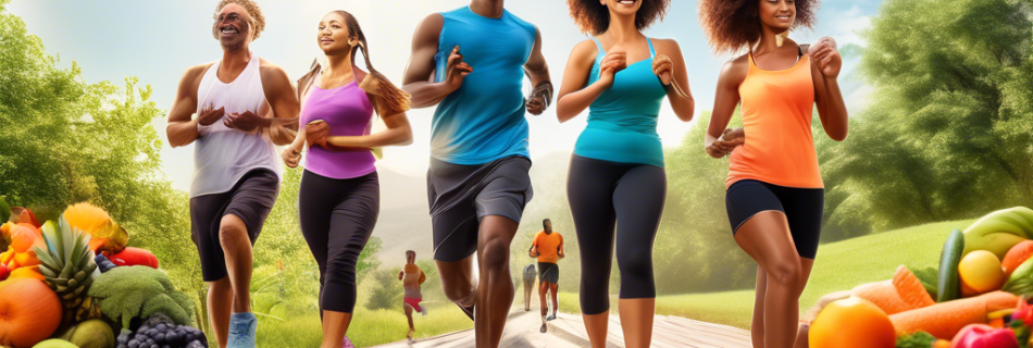 A vibrant, motivating scene of a diverse group of people engaging in healthy activities, such as running, cycling, practicing yoga, and meal prepping with