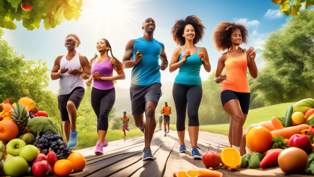 A vibrant, motivating scene of a diverse group of people engaging in healthy activities, such as running, cycling, practicing yoga, and meal prepping with