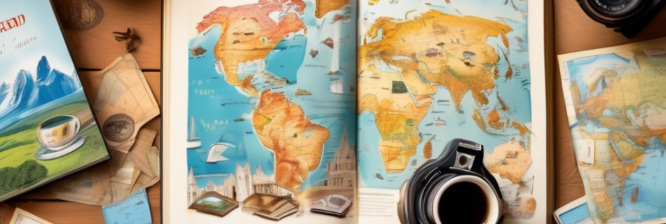 A beautifully illustrated scene of an open travel guidebook on a wooden table, surrounded by maps, a world globe, scattered postcards, a camera, and a coff