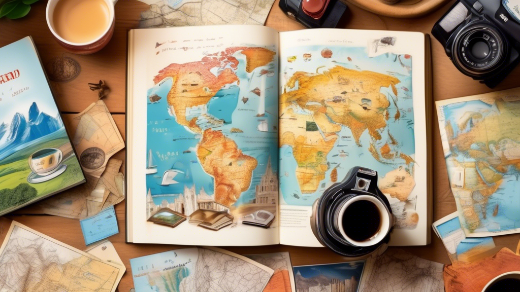 A beautifully illustrated scene of an open travel guidebook on a wooden table, surrounded by maps, a world globe, scattered postcards, a camera, and a coff