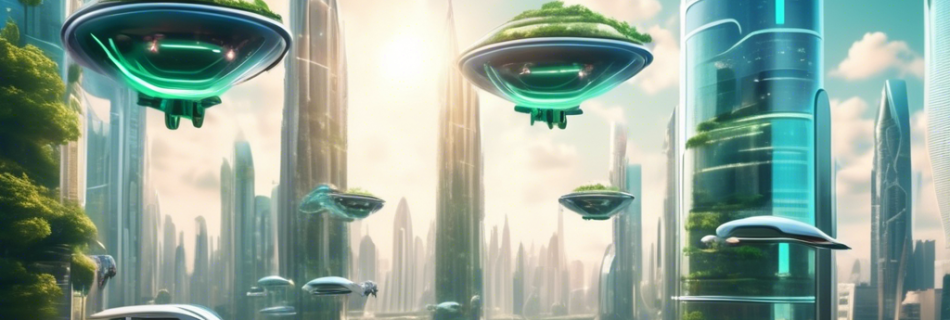 A futuristic cityscape with advanced technology, including flying cars, towering skyscrapers with integrated green spaces, autonomous robots, and holograph