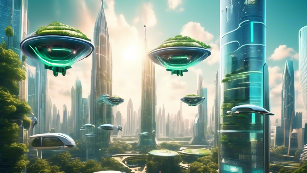 A futuristic cityscape with advanced technology, including flying cars, towering skyscrapers with integrated green spaces, autonomous robots, and holograph