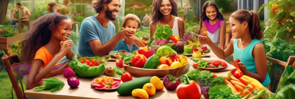 A vibrant and colorful scene showcasing a variety of fresh vegetables and fruits arranged in a visually appealing manner, with a happy family enjoying a ve