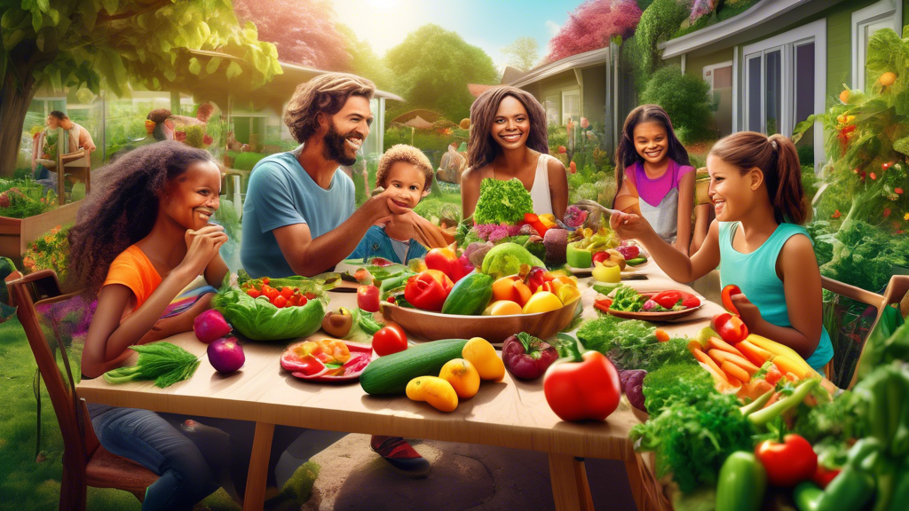 A vibrant and colorful scene showcasing a variety of fresh vegetables and fruits arranged in a visually appealing manner, with a happy family enjoying a ve