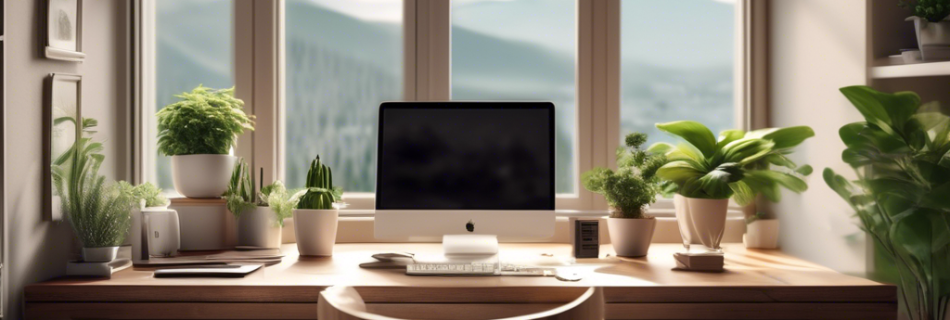 Create an image of a serene home office with natural light, a cozy desk setup with a computer, a cup of coffee, a family photo, and a potted plant. In the