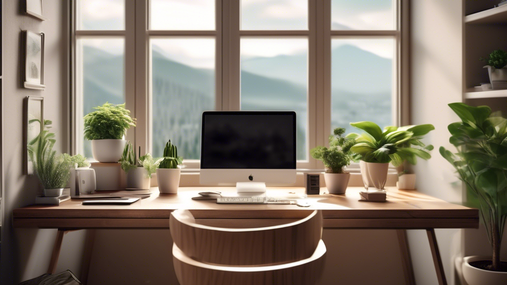 Create an image of a serene home office with natural light, a cozy desk setup with a computer, a cup of coffee, a family photo, and a potted plant. In the