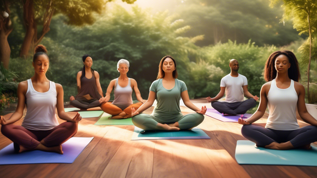 Create an image of a serene outdoor setting where a group of diverse individuals practice yoga on colorful mats. The scene should capture various beginner-