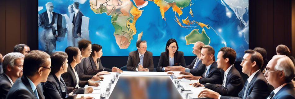 Create an image depicting a global conference on international relations, featuring a diverse group of delegates from different countries engaged in discus