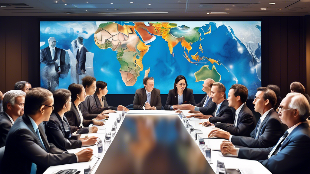 Create an image depicting a global conference on international relations, featuring a diverse group of delegates from different countries engaged in discus