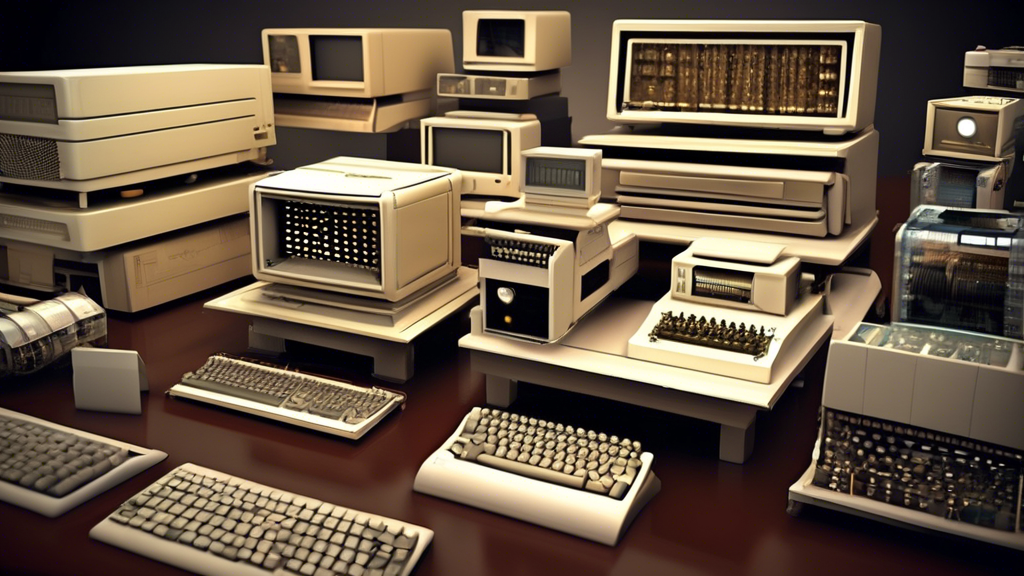 Create an image showcasing the evolution of the modern computer. Start with an abstract representation of early mechanical computers, then transition to ea