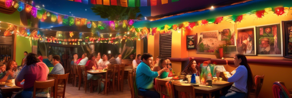 A lively scene of a vibrant Mexican restaurant at night, with colorful string lights hanging overhead, festive decorations, and patrons enjoying a variety