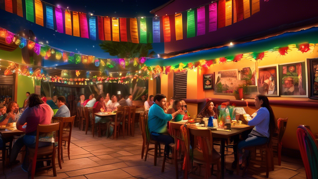 A lively scene of a vibrant Mexican restaurant at night, with colorful string lights hanging overhead, festive decorations, and patrons enjoying a variety