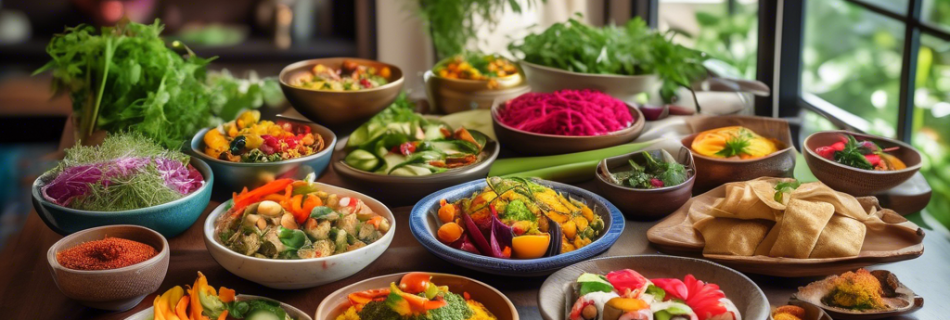 A vibrant and colorful scene featuring a variety of beautifully arranged vegetarian dishes from around the world, including Mediterranean mezze, Indian cur