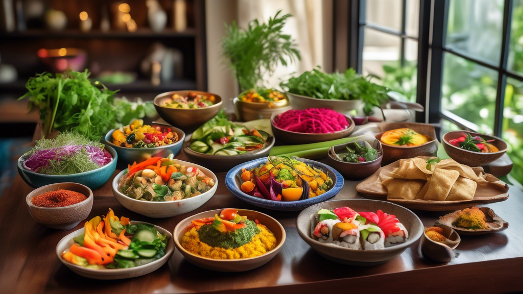 A vibrant and colorful scene featuring a variety of beautifully arranged vegetarian dishes from around the world, including Mediterranean mezze, Indian cur