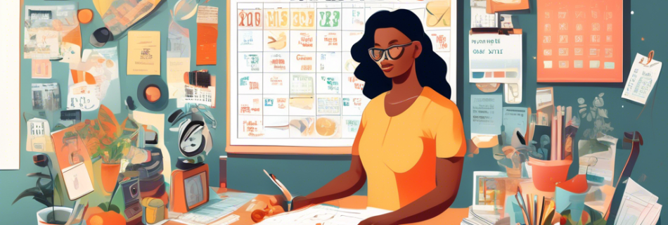 A detailed illustration of a person standing at a bright, organized desk with a vision board, calendar, and checklist, surrounded by symbols of various hab