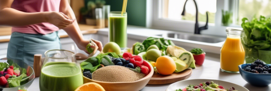 A beautifully organized kitchen with fresh fruits and vegetables, whole grains, nuts, and lean proteins, set against a backdrop of an open cookbook. A pers