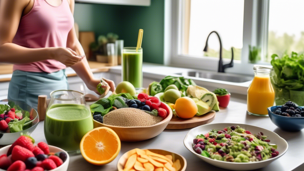 A beautifully organized kitchen with fresh fruits and vegetables, whole grains, nuts, and lean proteins, set against a backdrop of an open cookbook. A pers