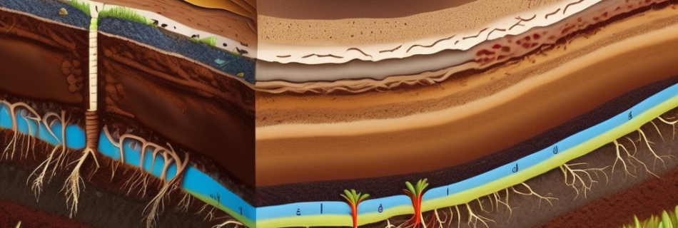 A detailed cross-section of vibrant agricultural soil with various layers labeled, showcasing healthy plant roots, microorganisms, earthworms, and organic