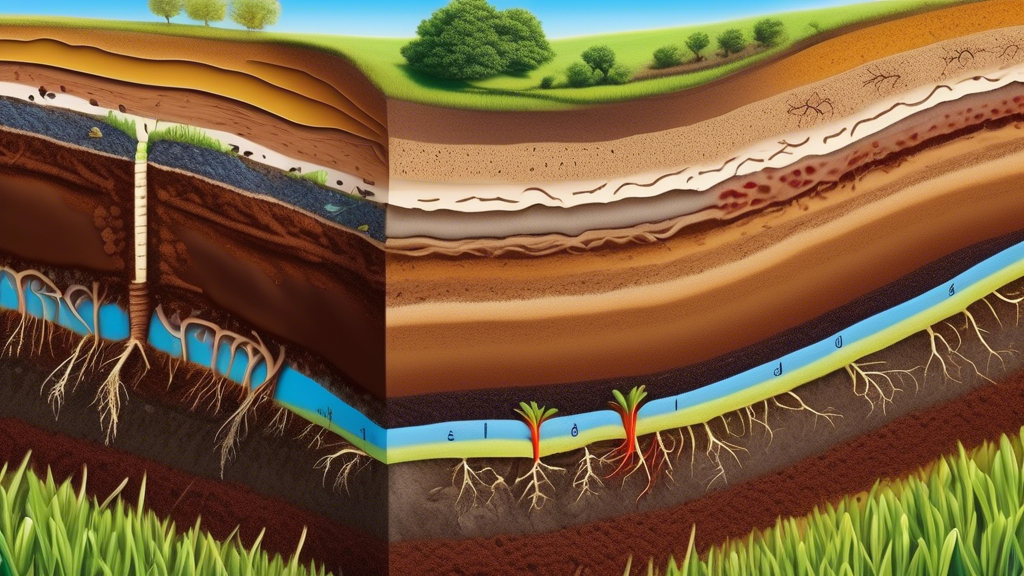 A detailed cross-section of vibrant agricultural soil with various layers labeled, showcasing healthy plant roots, microorganisms, earthworms, and organic