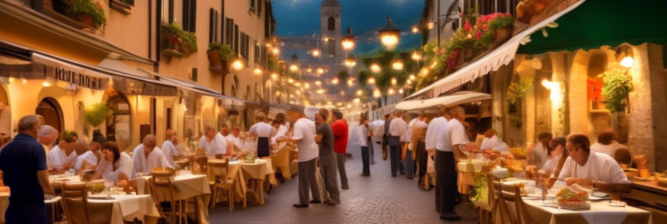 A picturesque street in Italy lined with bustling Italian restaurants, each with charming outdoor seating, festooned with twinkling lights and hanging flow