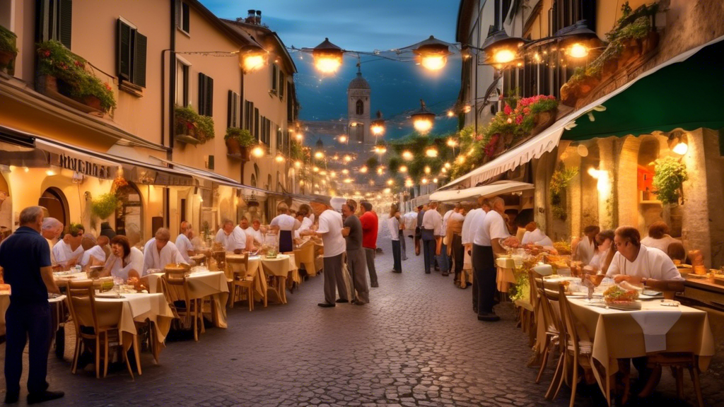 A picturesque street in Italy lined with bustling Italian restaurants, each with charming outdoor seating, festooned with twinkling lights and hanging flow