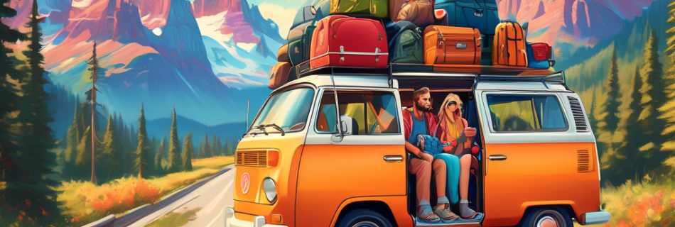 A vibrant illustration of a couple in a colorful van packed with luggage and camping gear, driving on a scenic route surrounded by mountains, forests, and