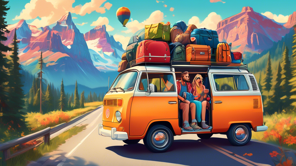 A vibrant illustration of a couple in a colorful van packed with luggage and camping gear, driving on a scenic route surrounded by mountains, forests, and