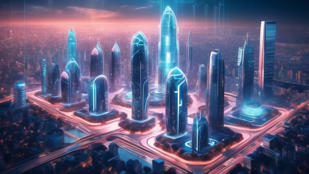 Create an image of a futuristic cityscape that seamlessly integrates advanced artificial intelligence technology into everyday life. Skyscrapers are adorne