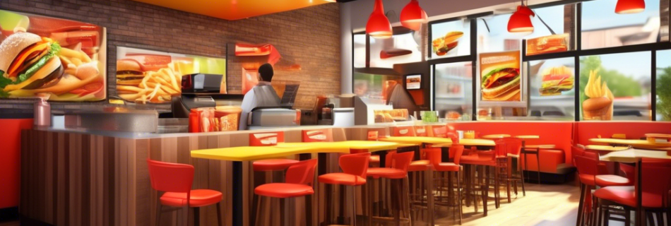 A vibrant, modern fast food restaurant with a variety of mouthwatering burgers, crispy fries, and refreshing drinks being prepared and served quickly. Cust