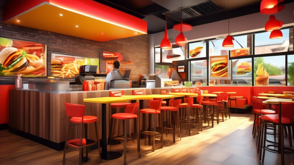 A vibrant, modern fast food restaurant with a variety of mouthwatering burgers, crispy fries, and refreshing drinks being prepared and served quickly. Cust