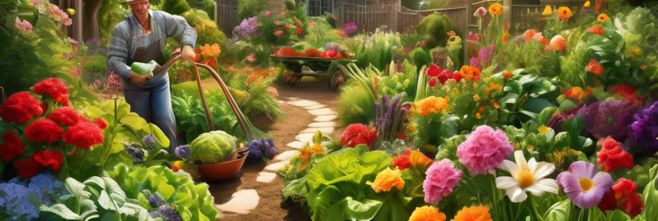 Create a vibrant image of a flourishing garden filled with diverse flowers and vegetables, where a gardener is happily applying fertilizer to the soil. Sho