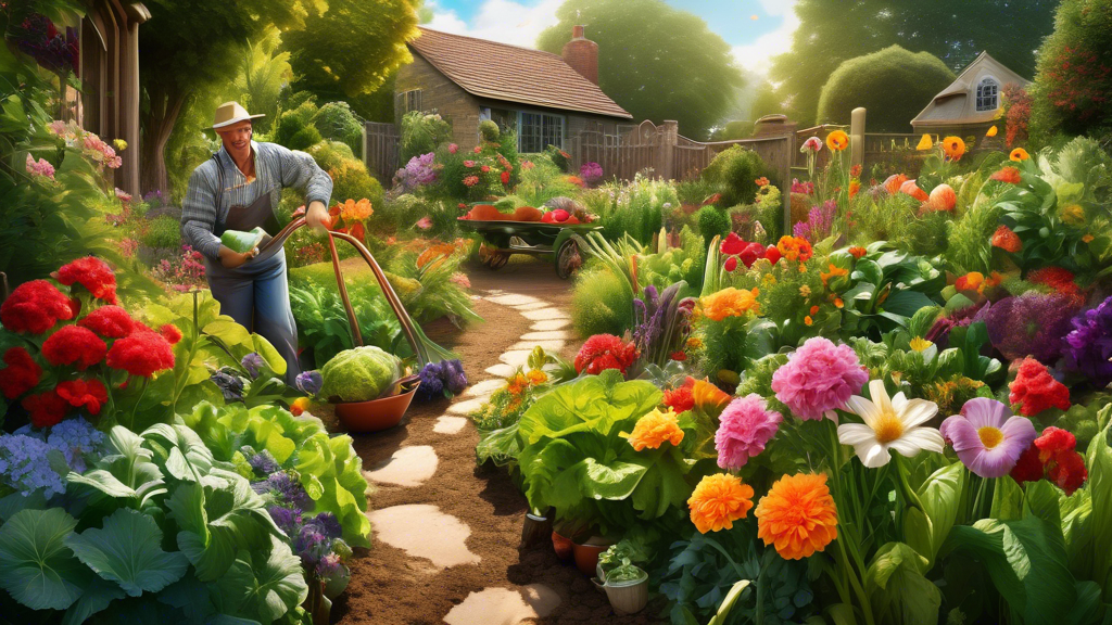 Create a vibrant image of a flourishing garden filled with diverse flowers and vegetables, where a gardener is happily applying fertilizer to the soil. Sho