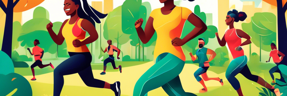 A vibrant and dynamic illustration showcasing people engaging in various forms of exercise such as running, yoga, cycling, and weightlifting. The backgroun