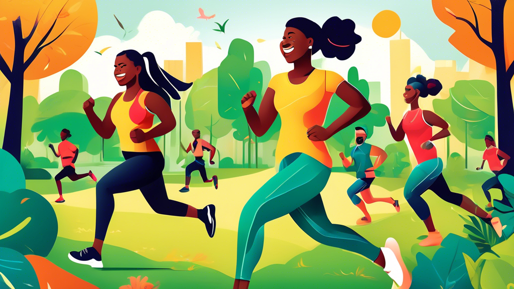 A vibrant and dynamic illustration showcasing people engaging in various forms of exercise such as running, yoga, cycling, and weightlifting. The backgroun