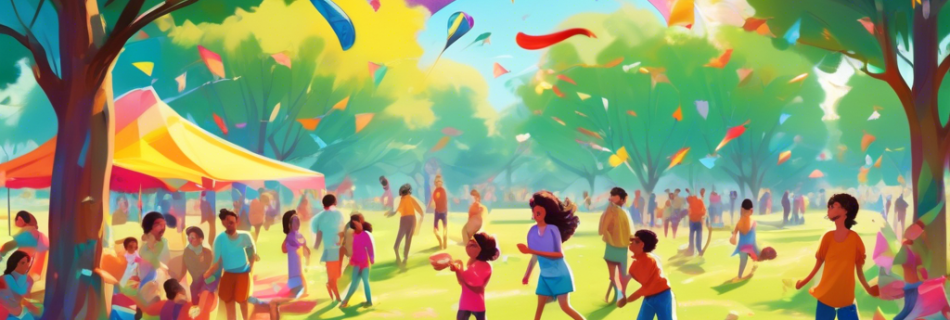 A vibrant and energetic outdoor scene set in a large green park. In one corner, families are having a picnic with colorful blankets and baskets of food. Ne