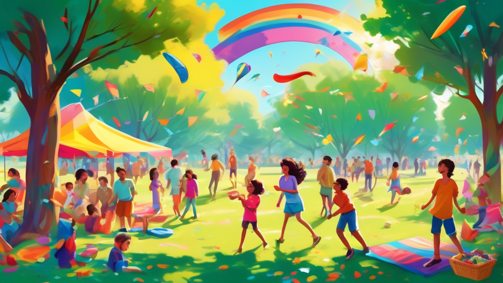 A vibrant and energetic outdoor scene set in a large green park. In one corner, families are having a picnic with colorful blankets and baskets of food. Ne