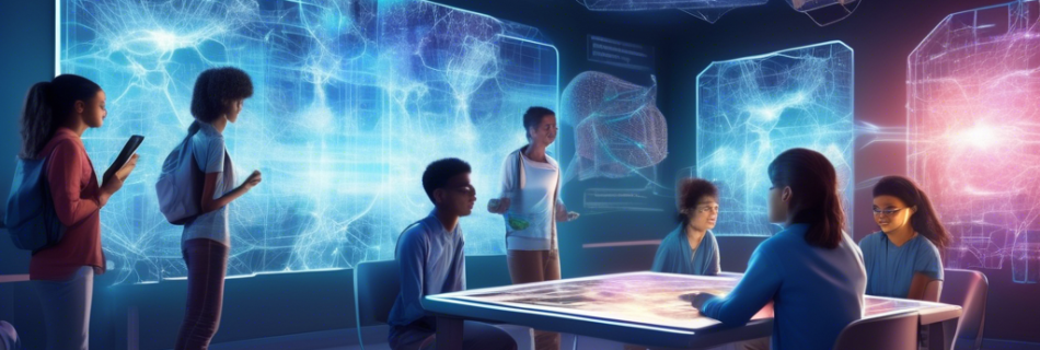 Create a detailed illustration featuring a futuristic classroom setting where diverse students are interacting with a holographic display of a giant neural