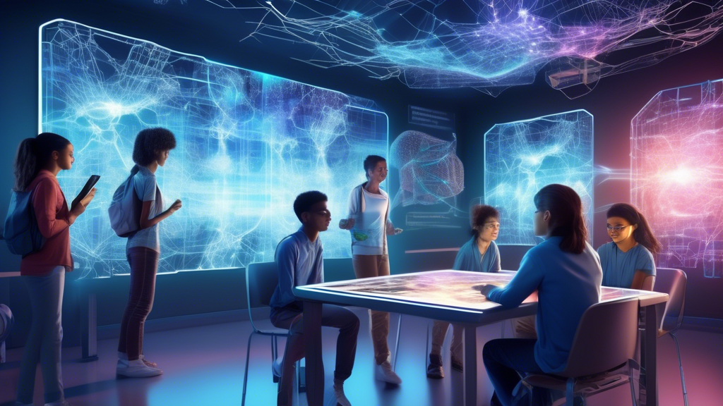 Create a detailed illustration featuring a futuristic classroom setting where diverse students are interacting with a holographic display of a giant neural